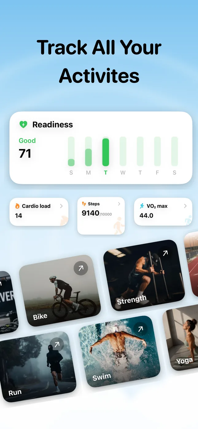 Cortisol+ Fitness view with a weekly Readiness chart showing 71 Good, cardio load 14, 9,140 steps, VO2 max 44.0, and workout tiles for bike, strength, run, swim and yoga