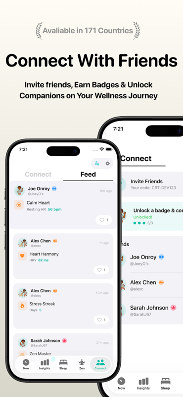 Cortisol+ Connect feed on iPhone with friends sharing wellness milestones — Joe Onroy Calm Heart resting HR 56 bpm, Alex Chen Heart Harmony HRV 62 ms, Alex Chen Stress Streak 5 days, Sarah Johnson Zen Master — plus invite friends card with code CRT-DEV123 and a 3/3 unlocked badge