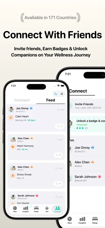 Cortisol+ Connect feed on iPhone with friends sharing wellness milestones — Joe Onroy Calm Heart resting HR 56 bpm, Alex Chen Heart Harmony HRV 62 ms, Alex Chen Stress Streak 5 days, Sarah Johnson Zen Master — plus invite friends card with code CRT-DEV123 and a 3/3 unlocked badge